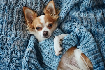 small red-white dog lies on a blue knitted sweater