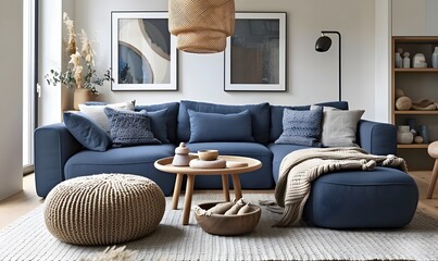 Two knitted poufs near dark blue corner sofa. Scandinavian home interior design of modern living room.