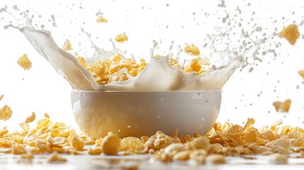 An advertising is spaced out amongst cornflakes in a dish with milk splatters and a white background, Generative AI.