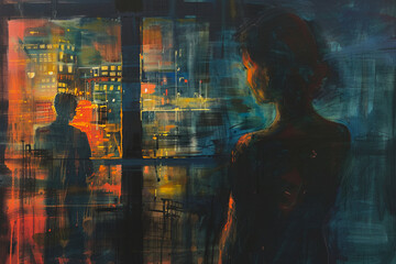 Fototapeta premium Abstract expressionist painting featuring silhouette in urban setting