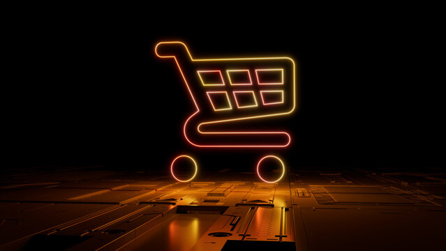 Orange and Yellow neon light shopping icon. Vibrant colored Ecommerce technology symbol, on a black background with high tech floor. 3D Render