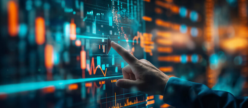 Banner, A hand pointing at a graph on a computer monitor screen. The graph is filled with numbers and lines, and the hand is hovering over a specific point. Concept of focus and attention to detail