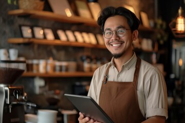 Obraz premium A man with glasses and a brown apron is smiling and holding a tablet. He is standing in a coffee shop,Digital Brewing: The Joyful Barista's Cafe Connection