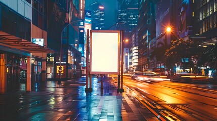 Illuminated billboard on a busy street at night. Urban landscape with glowing advertisement. Capturing city nightlife and marketing. Ideal for background or graphic design use. AI