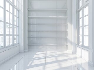 Minimalistic white room with empty shelves and large windows casting light shadows.