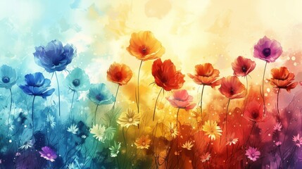 Watercolor style wallpaper a rainbow of flowers adorns the landscape, painting the scene with splashes of vibrant color.