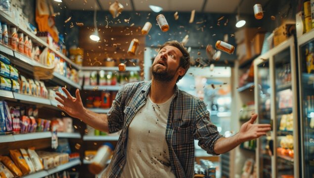 A customer attempts to juggle multiple products they've purchased, resulting in a hilarious mishap with items flying in all directions.