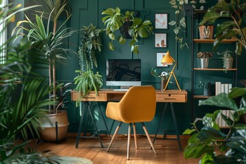 Stylish interior of room with comfortable workplace and houseplants 