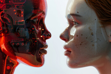 Human and robot face to face in a conceptual artwork
