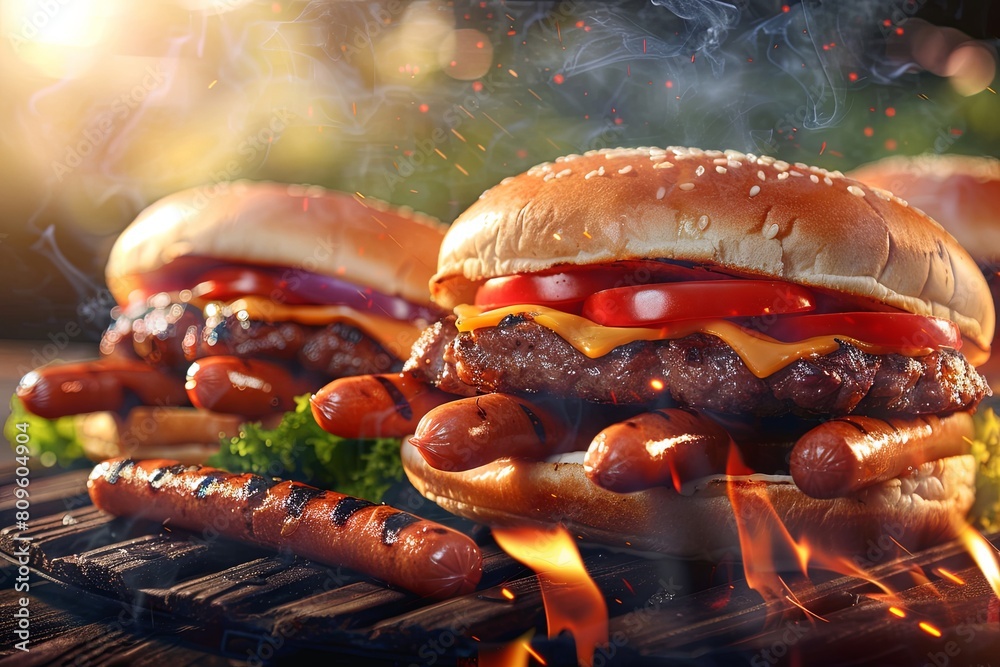 Poster Summer BBQ Banner with Sizzling Grilled Burgers and Hot Dogs 