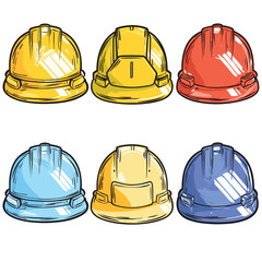 Six colorful construction hard hats arranged two rows. Top row features yellow, gold, red safety bottom row has blue, light yellow, navy. Safety gear construction, engineering