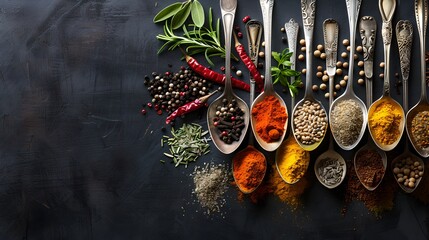 Assorted spices in spoons on dark background, vibrant colors. Culinary arts and flavoring ingredients. Perfect for restaurant menus. AI