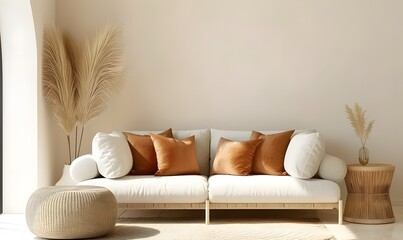 Wicker and wooden end table with pampas grass near white sofa with terra cotta pillows against blank beige wall with copy space. Boho, minimalist interior design of modern living room