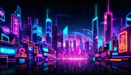 Abstract, Neon, Cityscape, Glowing, Buildings, Neon Signs, Urban, Night, Skyline, Bright, Vibrant, Futuristic, Electric, Modern, Digital Art, Illuminated, Downtown, Metropolis, High-tech, Techno, Lumi