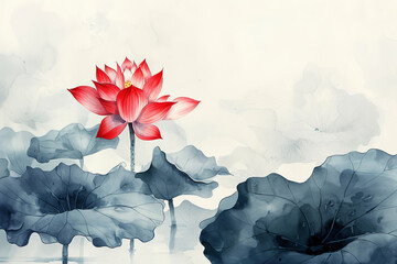Elegant red lotus flower amidst tranquil blue leaves