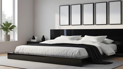 Mockup poster frame in minimalist modern bedroom interior background, interior mockup design, frame mockup