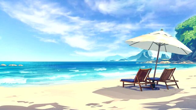 Cozy lounge chair with umbrella on beach. Summer concept, anime illustration style, looping 4k video animation background