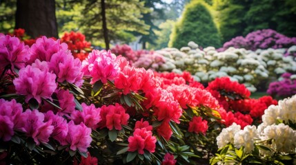 Lush Rhododendron Garden In Full Bloom With Vibrant Pink Flowers. Generative AI