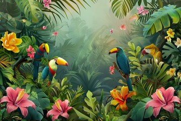 Naklejka premium Tropical Paradise Banner Featuring Exotic Flowers and Birds