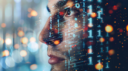 Digital software binary code glows on the face of a young male IT specialist. Data analysis, matrix numbers and artificial intelligence technologies