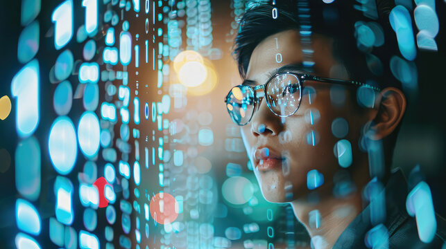 Young Asian male IT specialist looking at digital board with binary program code. Data analysis, matrix numbers and artificial intelligence technologies