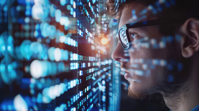A young male IT specialist looks at a digital board with binary program code. Data analysis, matrix numbers and artificial intelligence technologies