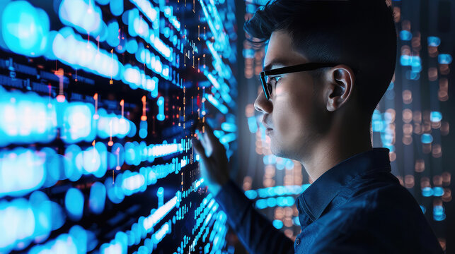 Young Asian male IT specialist looking at digital board with binary program code. Data analysis, matrix numbers and artificial intelligence technologies