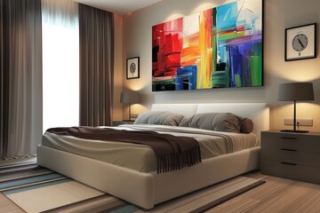 Luxury bedroom with soft and comfy neat bed with natural lighting, expensive and luxury art and paint work.