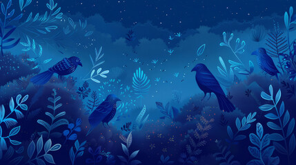 Fototapeta premium Enchanted night landscape with stylized birds and foliage