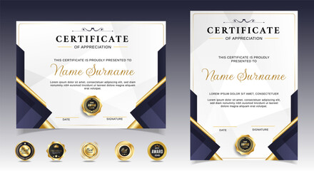 Certificates of completion template with luxury badge and modern line and shapes. Horizontal certificate For award, business, and education needs. Diploma vector template