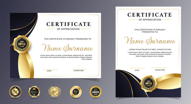 Certificates of completion template with luxury badge and modern line and shapes. Horizontal certificate For award, business, and education needs. Diploma vector template
