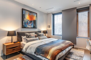 Luxury bedroom with soft and comfy neat bed with natural lighting, expensive and luxury art and paint work.