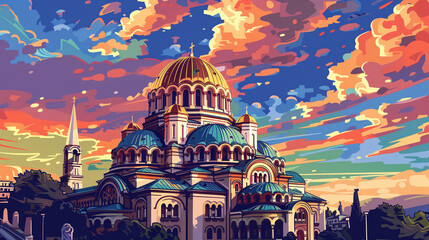 illustration, Alexander Nevski cathedral, Sofia. Must-see touristic spot in Sofia, the capital city of bulgaria, europe. Catholic-orthodox church. Tourist hot-spot. Night view.