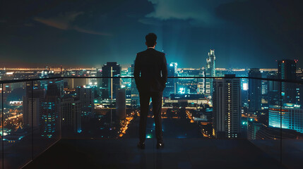 Naklejka na ściany i meble Businessman on rooftop balcony overlooking city skyline at night