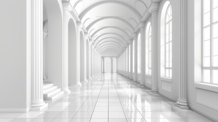 Corridor with inclined white walls, columns and niches in perspective, modern realistic illustration depicting an empty modern hall, office or house interior.