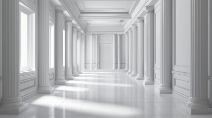This is a modern realistic illustration of an empty modern hall interior, which could be in a gallery, office or house. The corridor is lined with white walls, columns and niches in perspective