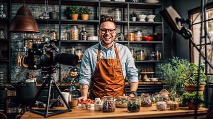 Culinary Content Creator: A cheerful chef or food blogger, wearing an apron, smiles engagingly at the camera while preparing ingredients in his rustic kitchen setting for his online cooking show.