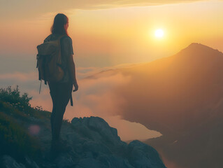 Back view of young hipster girl with backpack enjoying the sunset on a misty mountain peak, embracing the freedom of nature.
