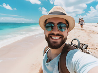 Young man with backpack smiling at camera on the beach and enjoying the freedom of taking a selfie on a sunny day. Wellbeing, healthy lifestyle and happy people concept