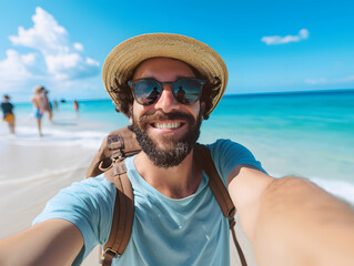Young man with backpack smiling at camera on the beach and enjoying the freedom of taking a selfie on a sunny day. Wellbeing, healthy lifestyle and happy people concept