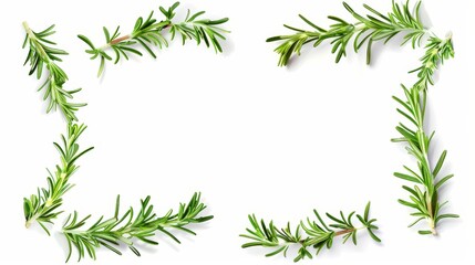 A realistic 3D modern illustration of rosemary picture frames, white rectangular border templates with green stems and leaves, blank frames, isolated on transparent background.
