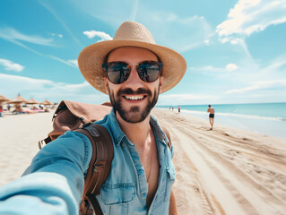 Young man with backpack smiling at camera on the beach and enjoying the freedom of taking a selfie on a sunny day. Wellbeing, healthy lifestyle and happy people concept