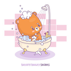 Cute cartoon little bear bathes in bath with foam and rubber duck. Cool card with funny kawaii animal character in shower in bathroom. Vector illustration. Kids collection