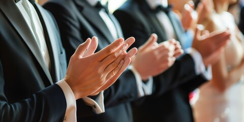 Rows of well-dressed individuals clapping hands at a formal event, with focus on their hands and attire