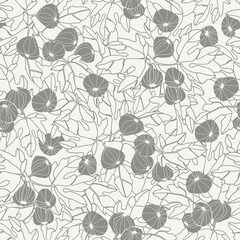 Seamless repeating pattern. Fig tree branches with fruit. Outlined monochrome vector illustrations on light-colored background for surface design and other design projects