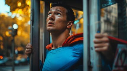 Man unveiling superhero costume under his shirt with an urban background