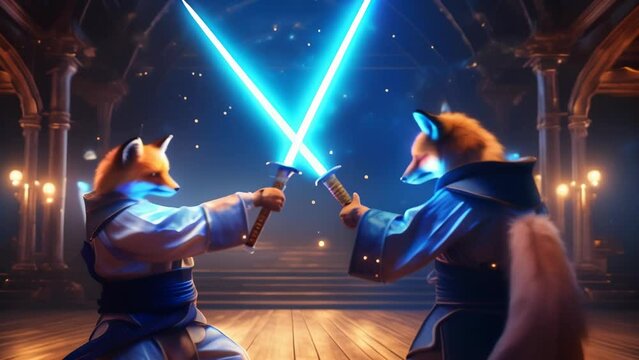 Two foxes, clad in blue robes, duel with glowing energy swords in a grand, candlelit hall. The scene evokes a sense of epic fantasy and anthropomorphic wonder.