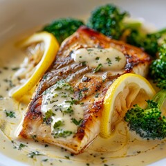 Pike Perch or Zander Fillet in Cream Sauce with Broccoli, Fried Sander Fish, Pike Meat with Lemon