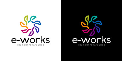 Connection Letter E simple logo design concept. Creative community social e worker vector logo