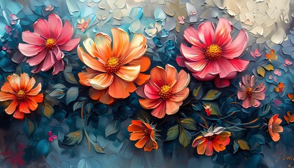 Abstract floral background with colorful flowers. Digital painting. 3d rendering